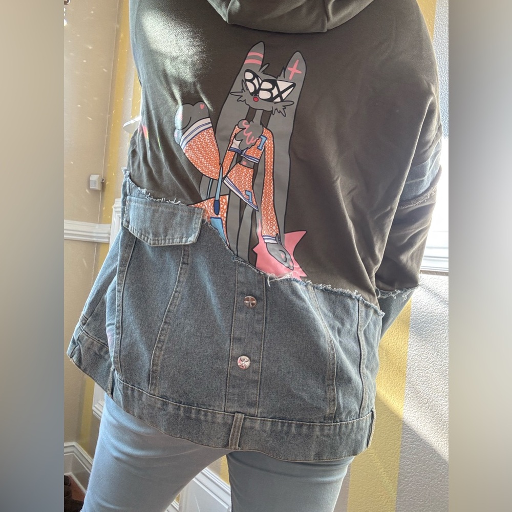 Graphic Patchwork Hoodie With Orange Accents - image 7